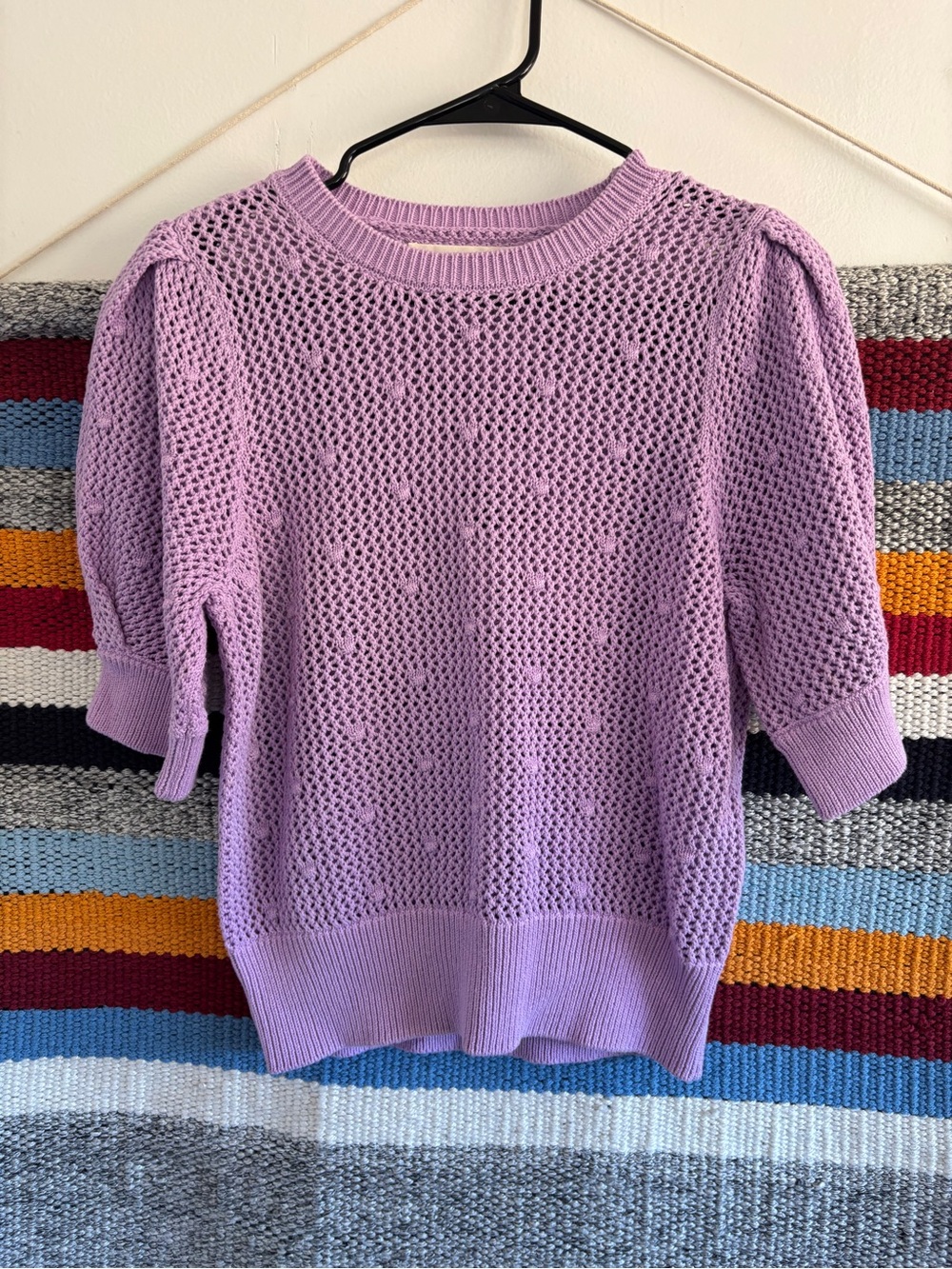 Lilac Open-Knit Puff-Sleeve Crewneck Sweater
